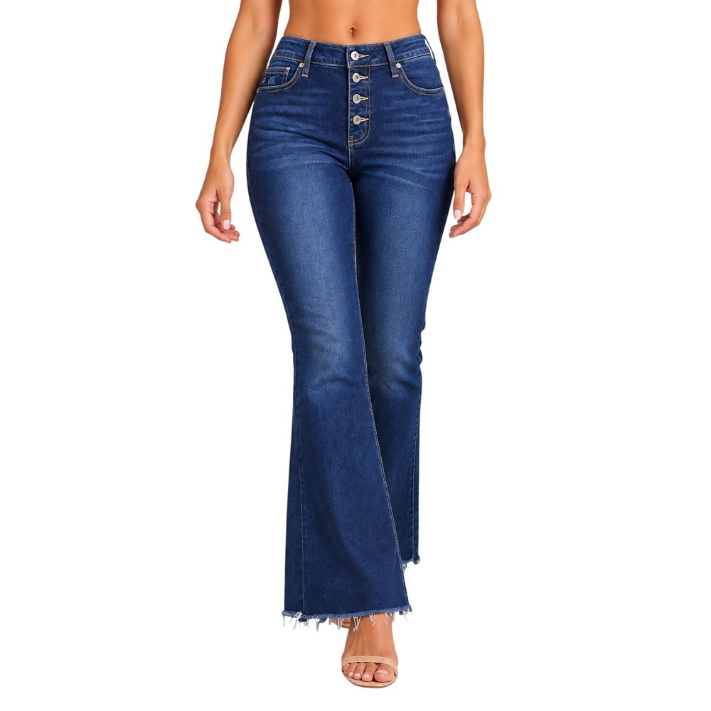 KanCan Flare Jeans Women 11/29 Dark Wash Excellent Button Fly Raw Hem KC7338LD